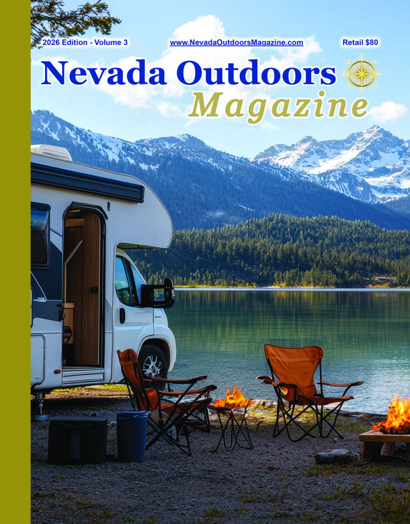 Nevada Outdoors Magazine cover featuring RV camping by mountain lake