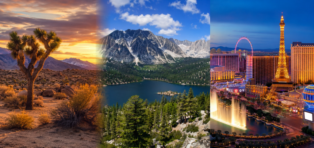 Three-panel collage featuring a Nevada desert landscape at sunrise, a crystal-clear alpine lake surrounded by snow-capped mountains, and the illuminated Las Vegas Strip at night, highlighting the state's diverse natural beauty and iconic attractions.