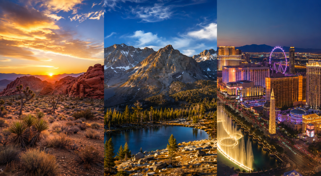 Nevada triptych: desert sunset, mountain lake, Las Vegas Strip night