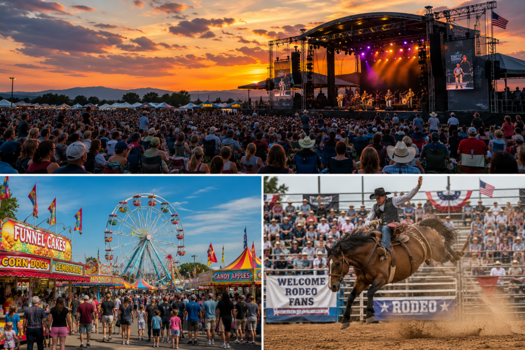 Collage featuring a live outdoor concert at sunset, a bustling county fair with carnival rides and food vendors, and a rodeo rider competing in a horse-riding event, celebrating Nevada's community events and western heritage.