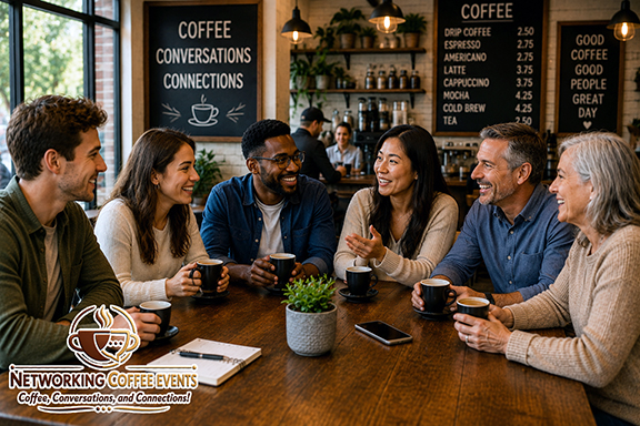 A diverse group of professionals in their 20s through 50s enjoying coffee and engaging in meaningful conversation inside a welcoming coffee house during a Networking Coffee Events gathering.