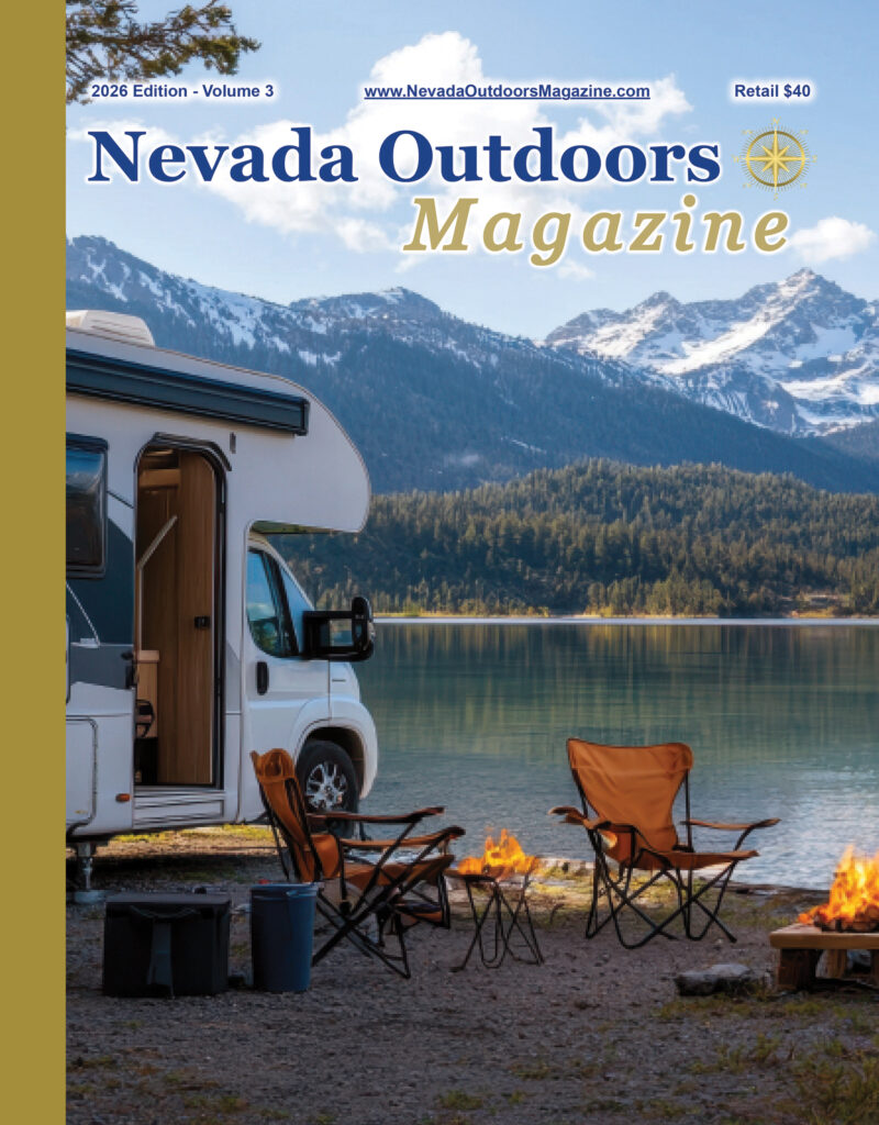 Nevada Outdoors Magazine 2026 cover with RV lakeside campfire