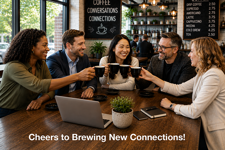 Five colleagues toasting with coffee cups in a café