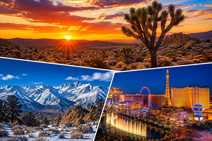 Collage of desert sunset, snowy mountains, and Las Vegas Strip