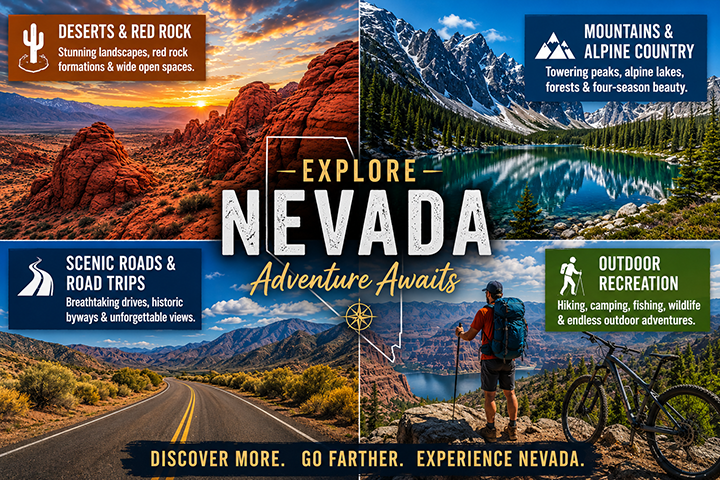 Explore Nevada travel promotion showcasing deserts, mountains, and recreation