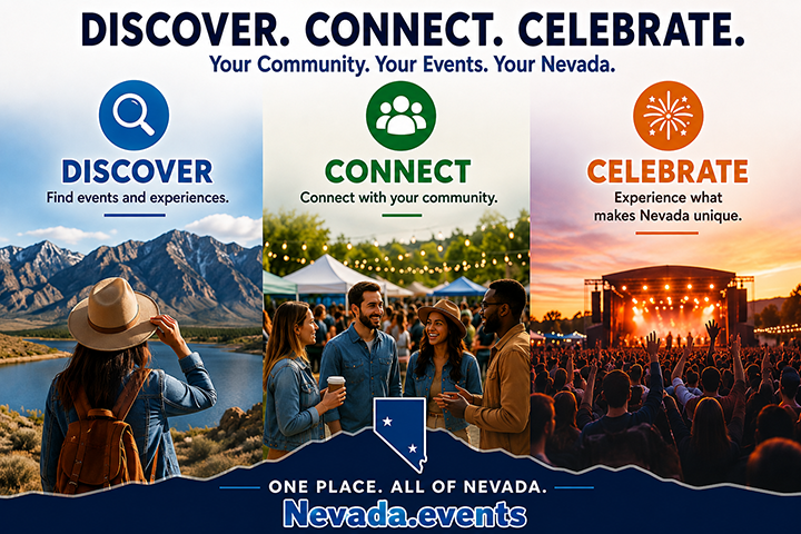 Nevada.events promotional banner: Discover, Connect, Celebrate community events