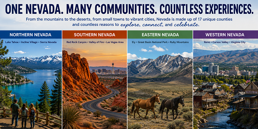 Nevada tourism collage showcasing four regional landscapes and communities