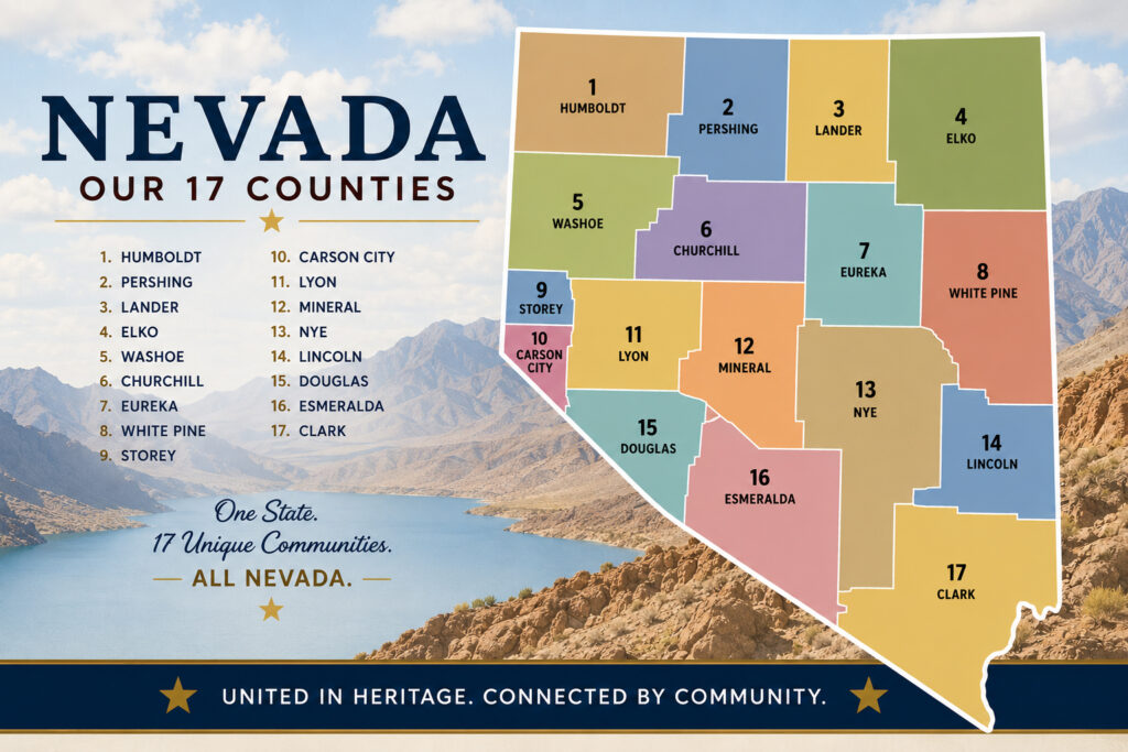 Colorful map of Nevada's 17 counties with scenic backdrop